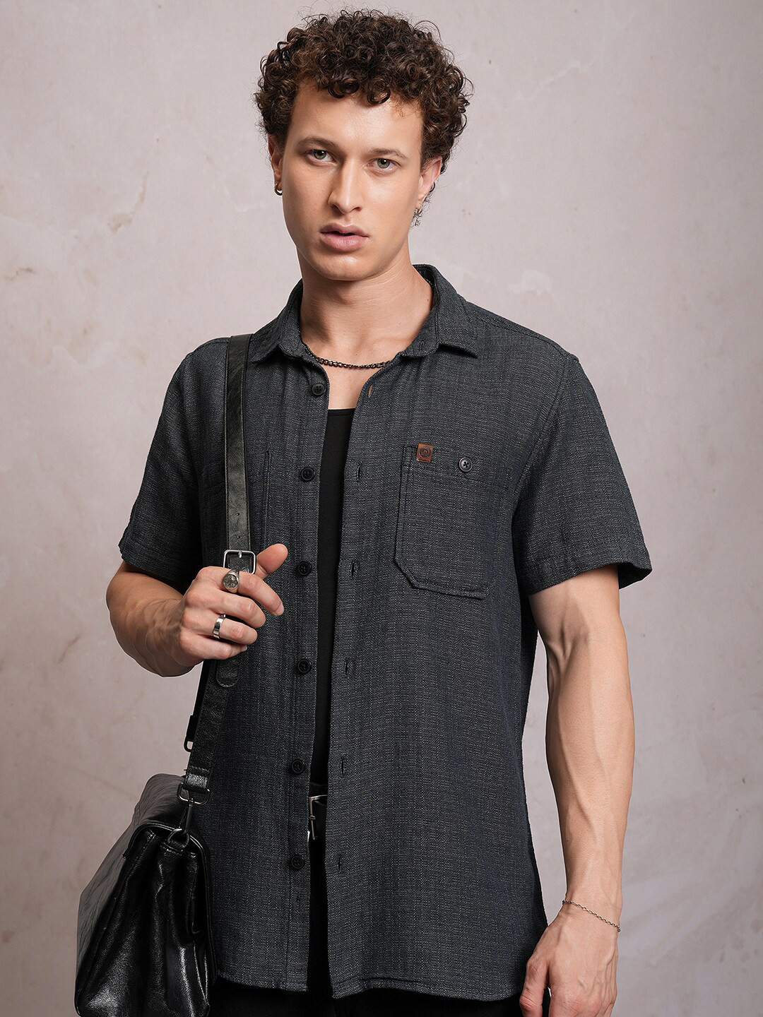 Locomotive Men Grey Dobby Textured Checked Utility Pocket Regular Shirt