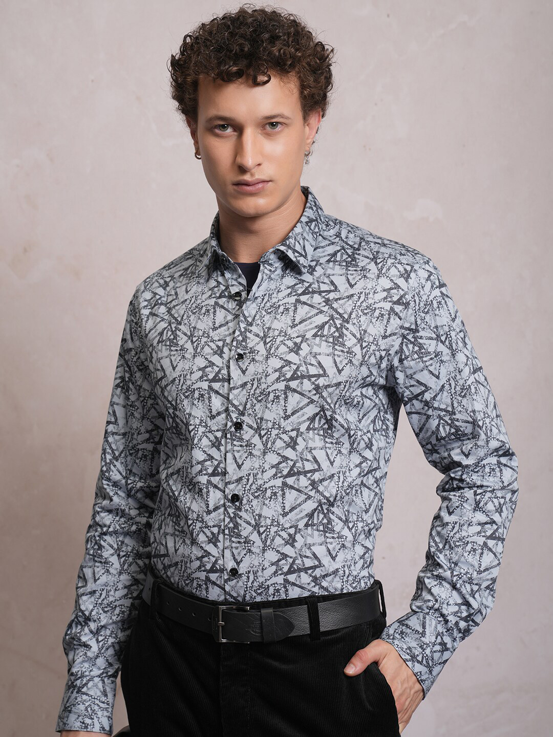 LOCOMOTIVE Luxe Slim Fit Geometric Printed Satin Party Shirt