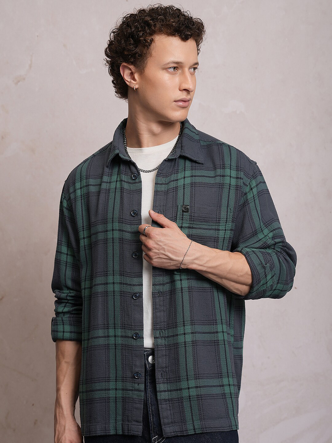 Locomotive Men Blue Dobby Textured Checked Cotton Overshirt