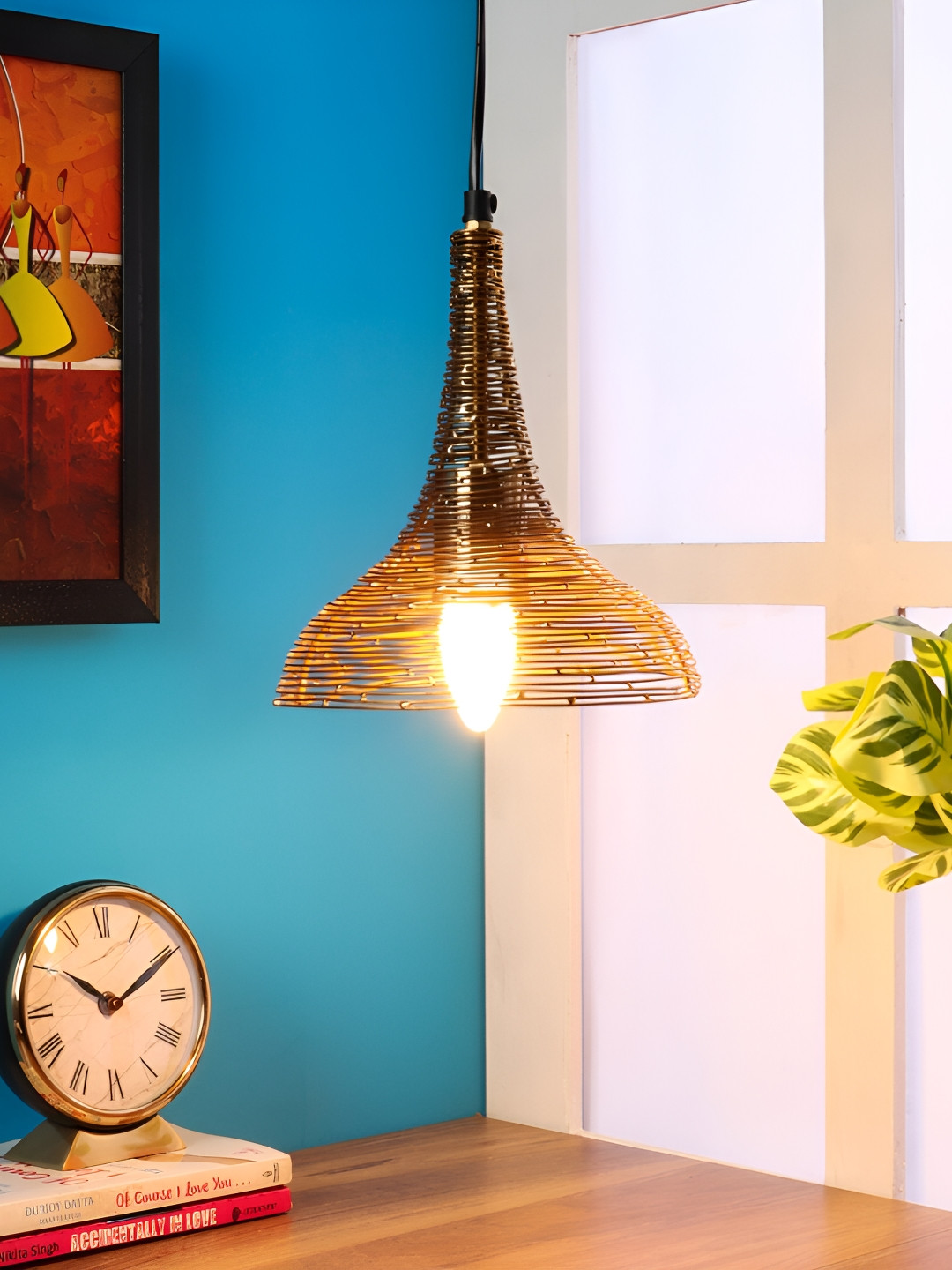 Decor de Maison Gold Toned Textured Aluminium Bell Ceiling Lamp