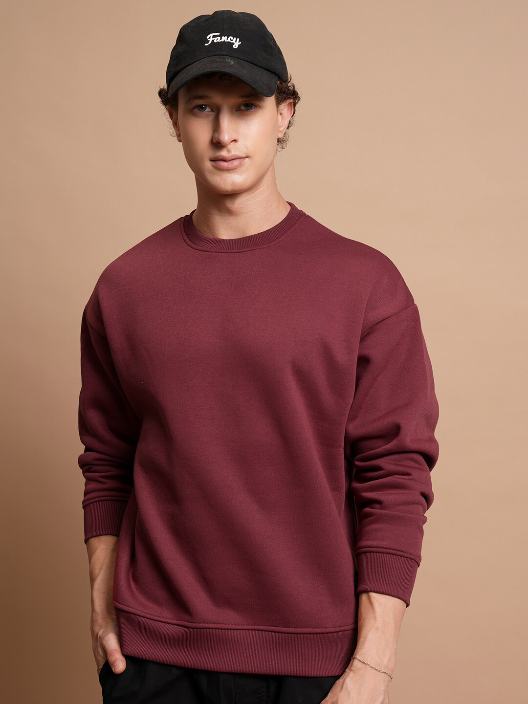 HIGHLANDER Magenta Round Neck Drop Shoulder Sleeves Oversized Pullover Sweatshirt