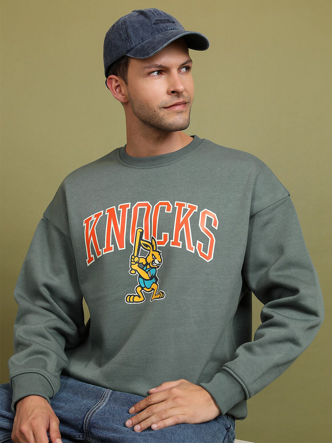 HIGHLANDER Green Graphic Printed Drop Shoulder Sleeves Oversized Pullover Sweatshirt