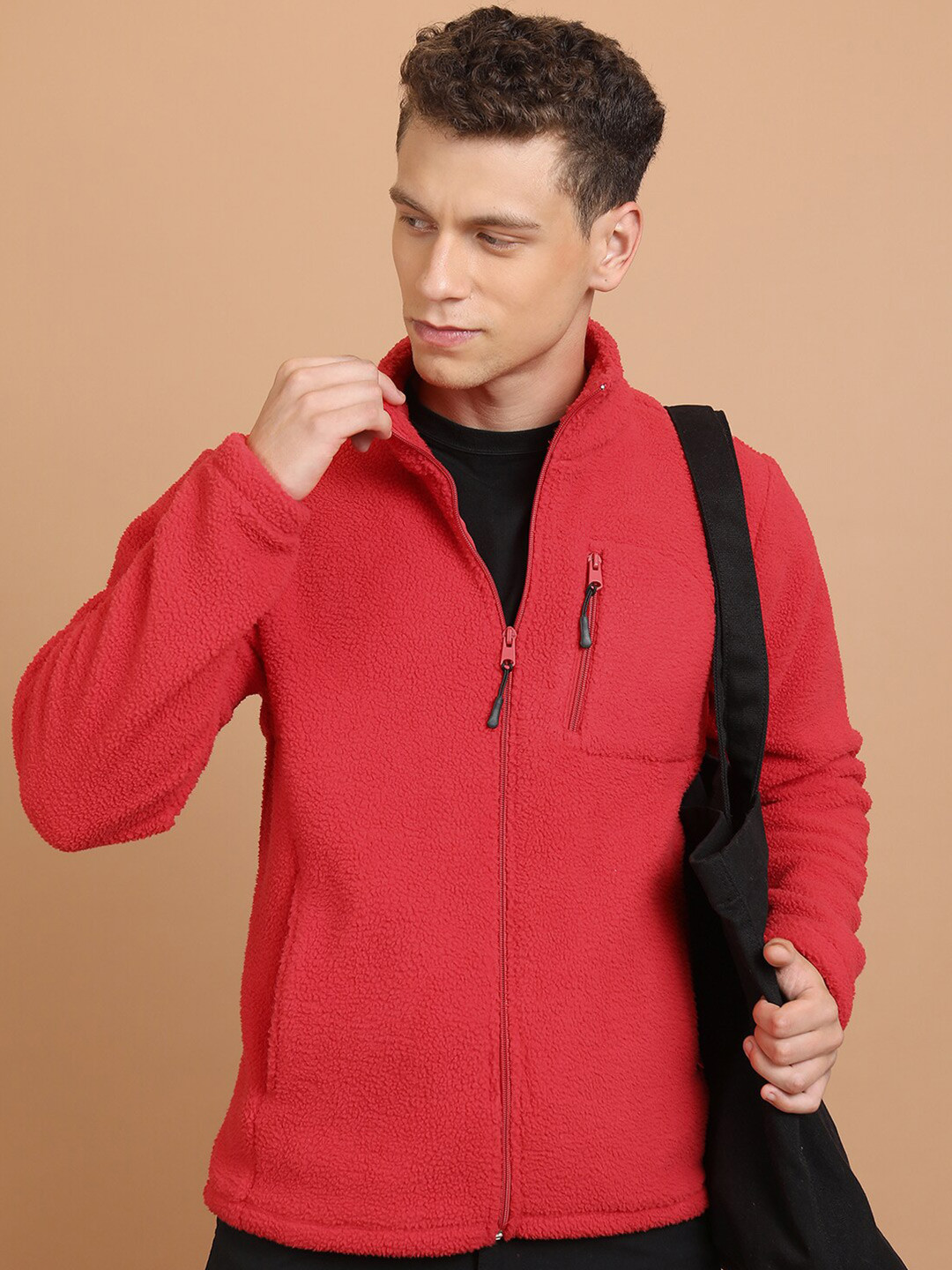HIGHLANDER Red Mock Collar Front-Open Sweatshirt