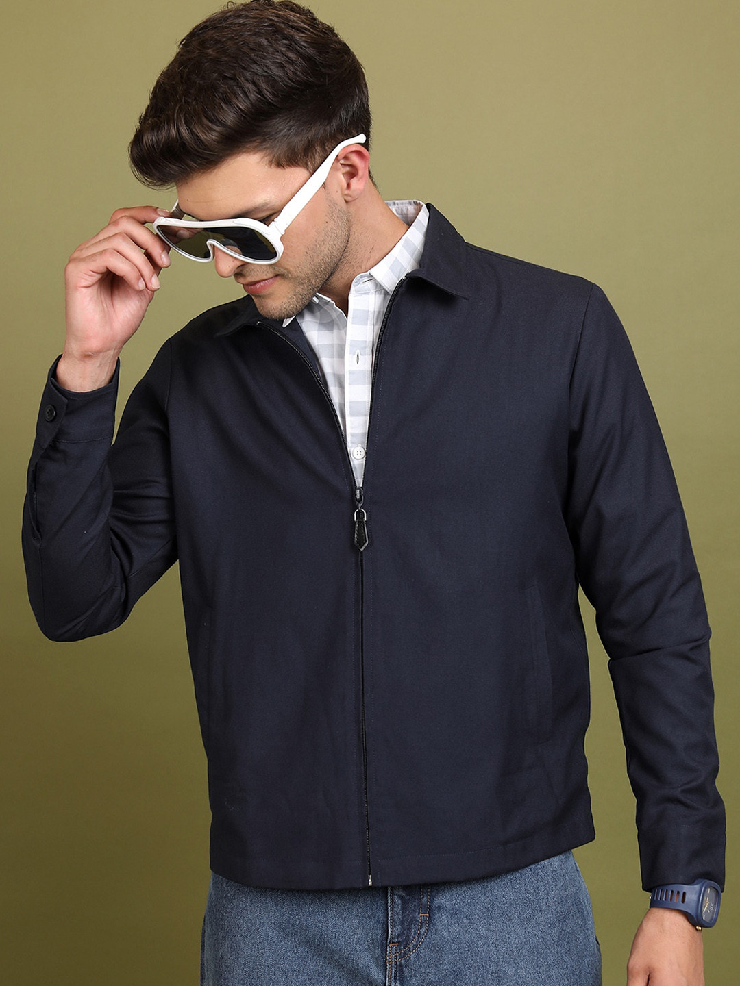 HIGHLANDER Navy Blue Spread Collar Long Sleeves Bomber Jacket