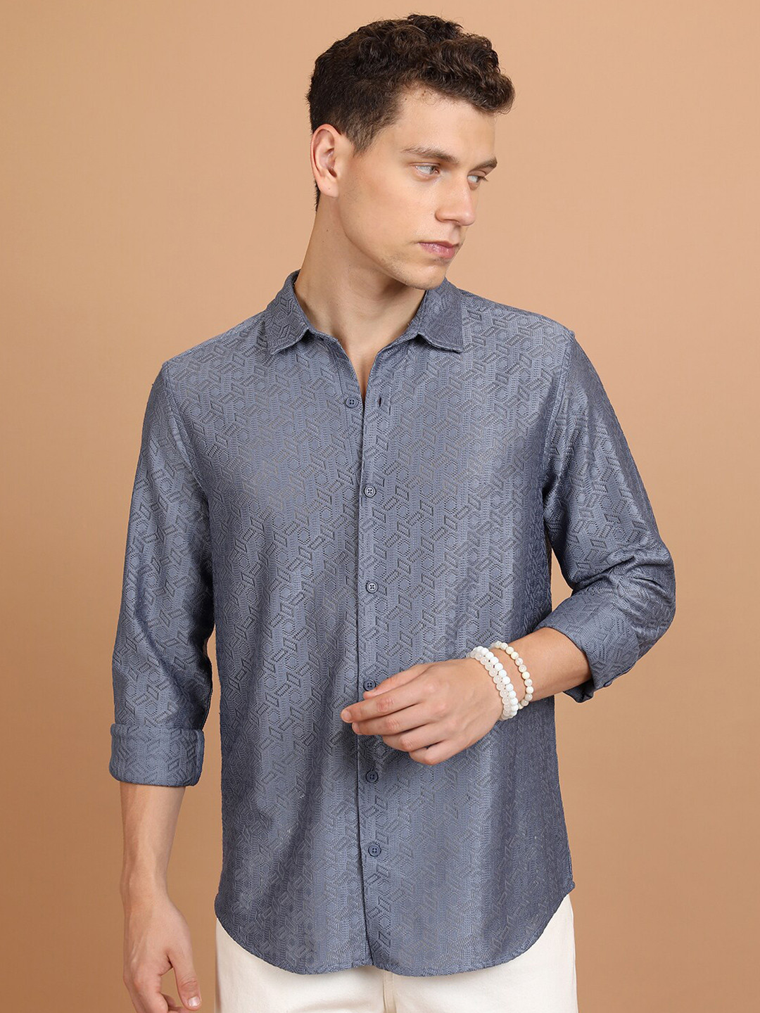 HIGHLANDER Blue Textured Long Sleeves Oversized Casual Crochet Shirt