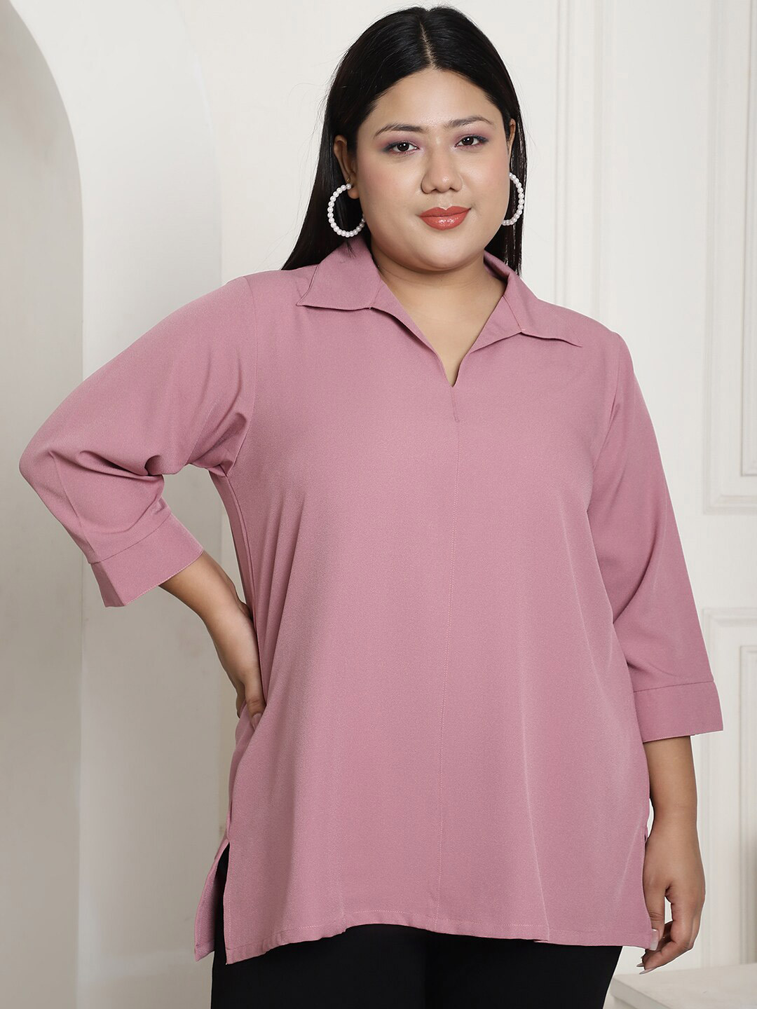 theRebelinme Plus Size Crepe Shirt Style Longline Top
