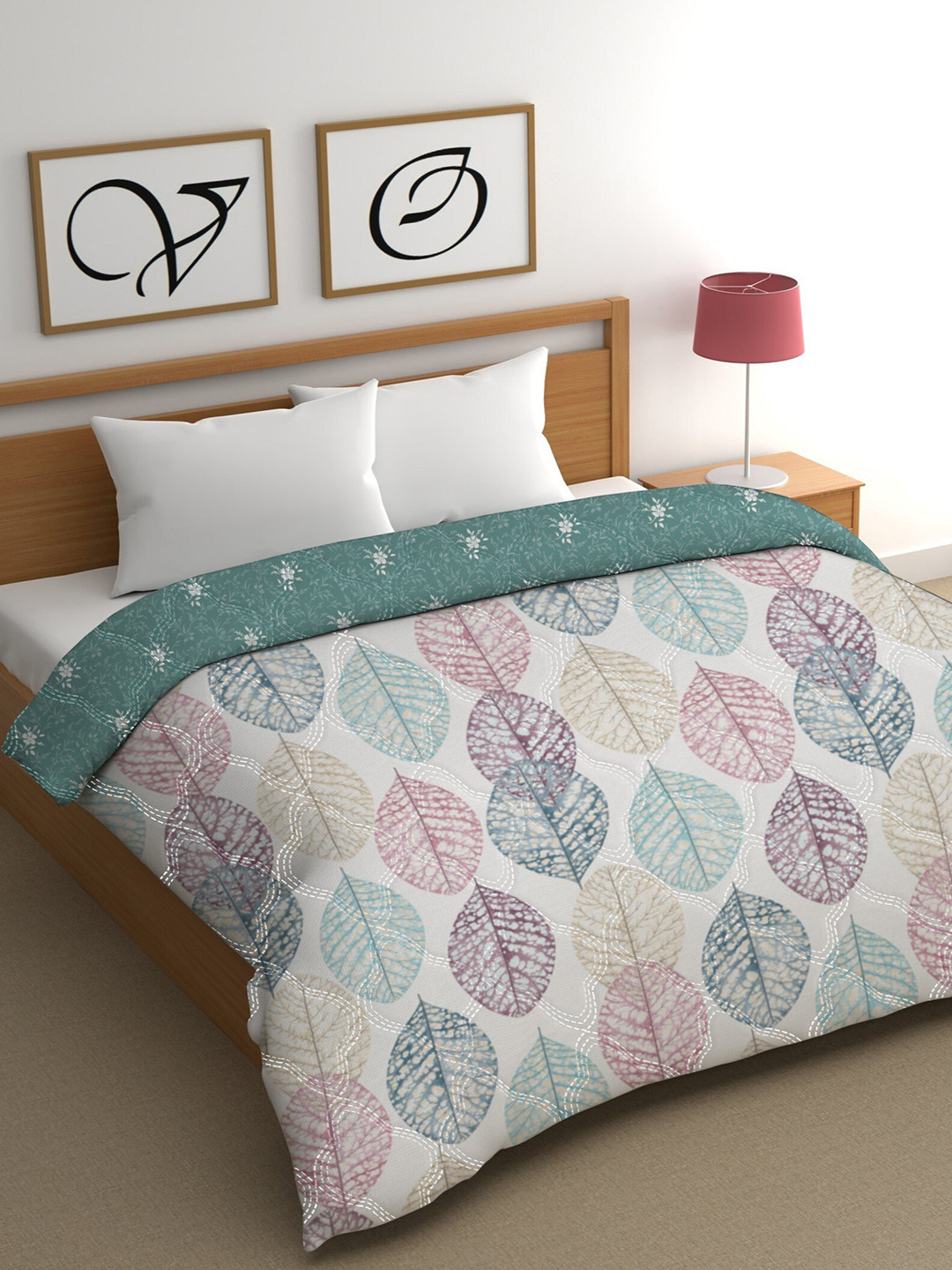 CHHAVI INDIA Green & White Floral Cotton Mild Winter 350 GSM Double Bed Comforter