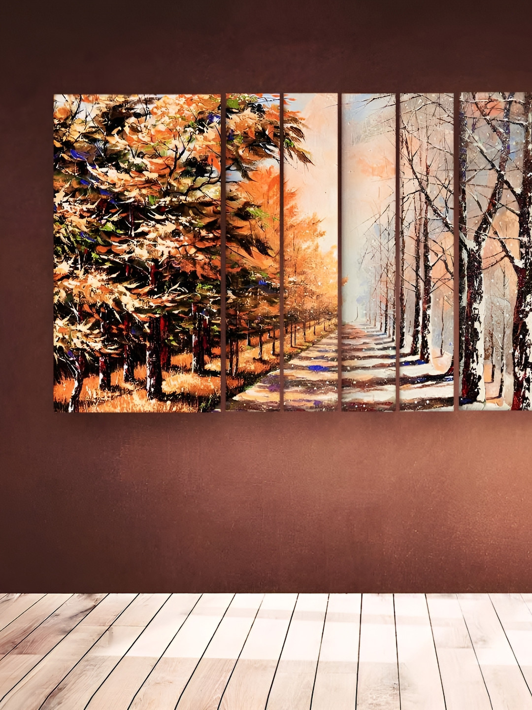 Casperme Orange & Brown 6 Pieces Floral and Botanical Wooden Wall Painting