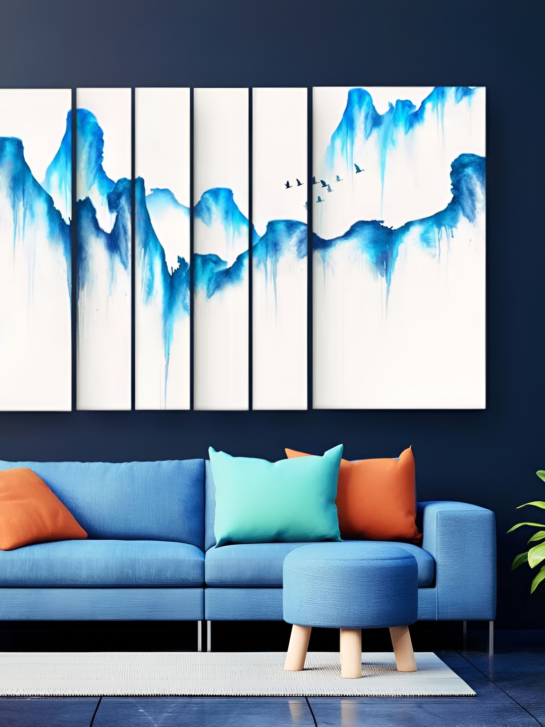 Casperme Blue & White 6 Pieces Modern Art Grill Frame Wooden Painting Wall Art