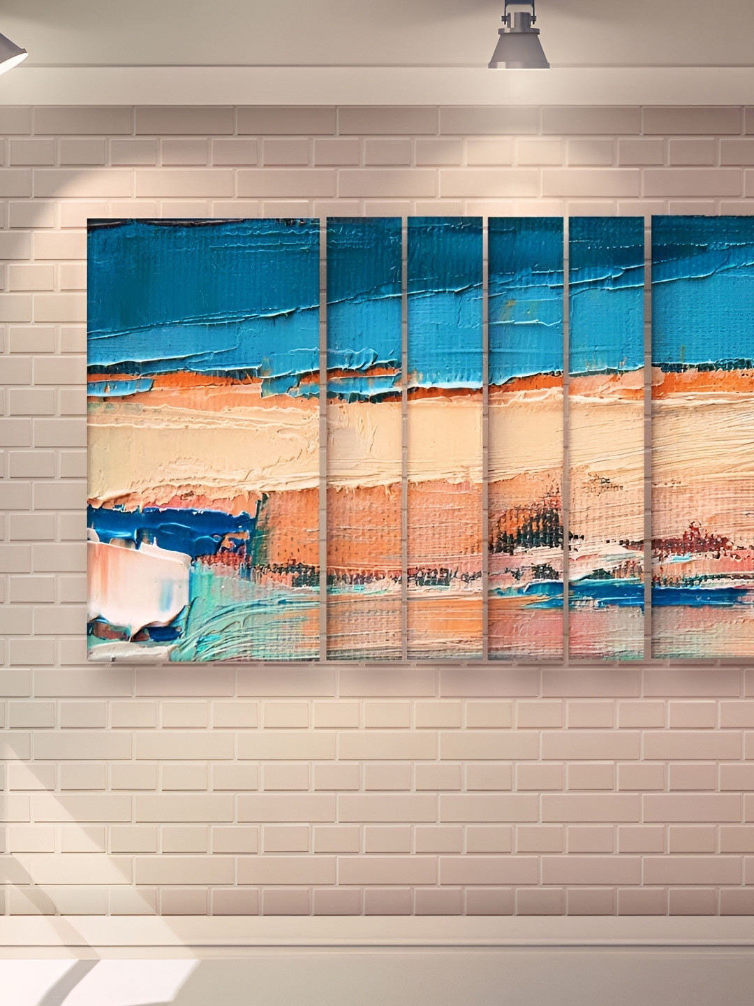 Casperme Blue & Orange 6 Pcs Modern Art Grill Frame Wooden Painting Wall Art