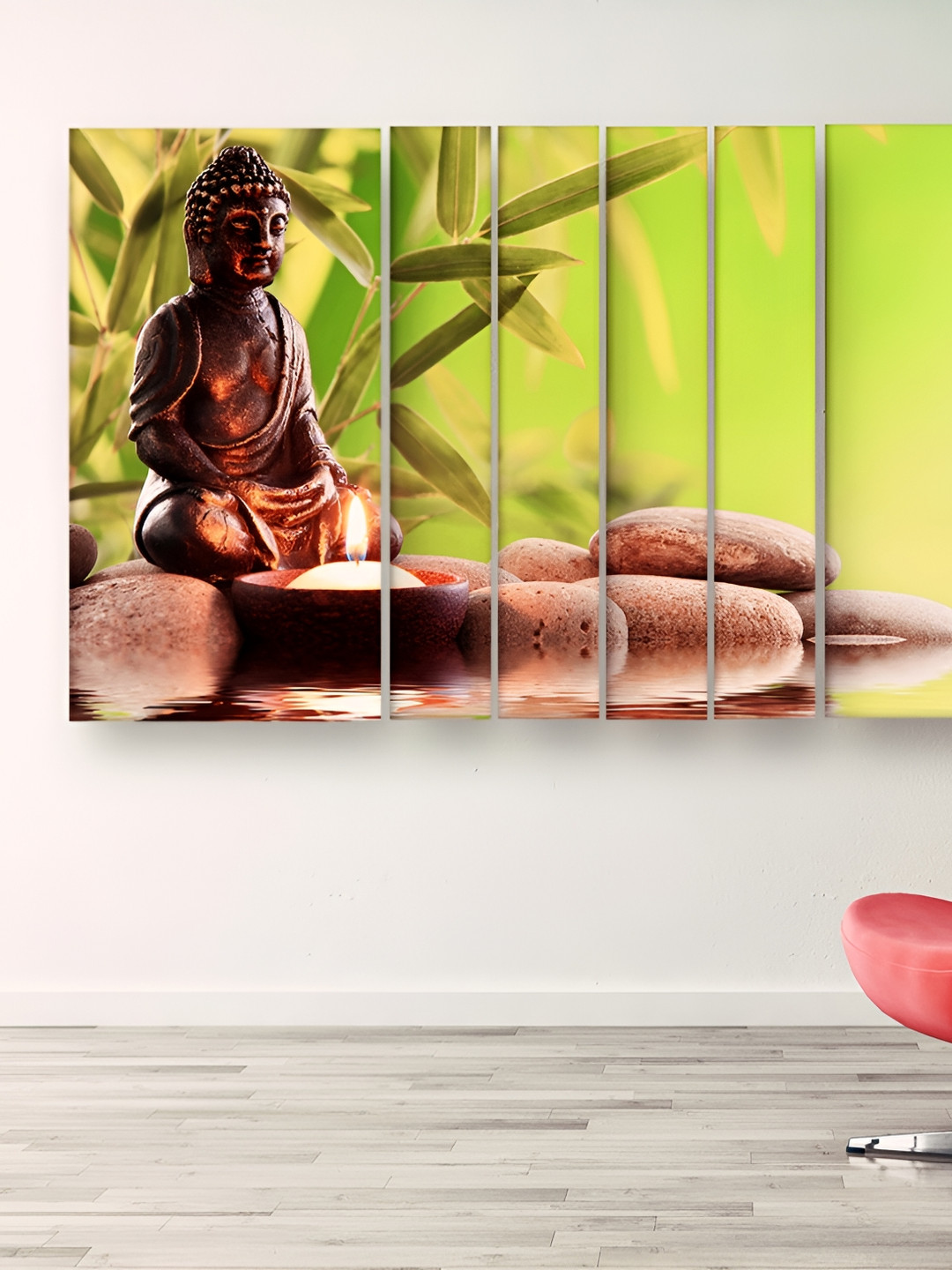 Casperme  Green & Brown 6 Pcs Religious Wooden Buddha Grill Frame Painting Wall Art