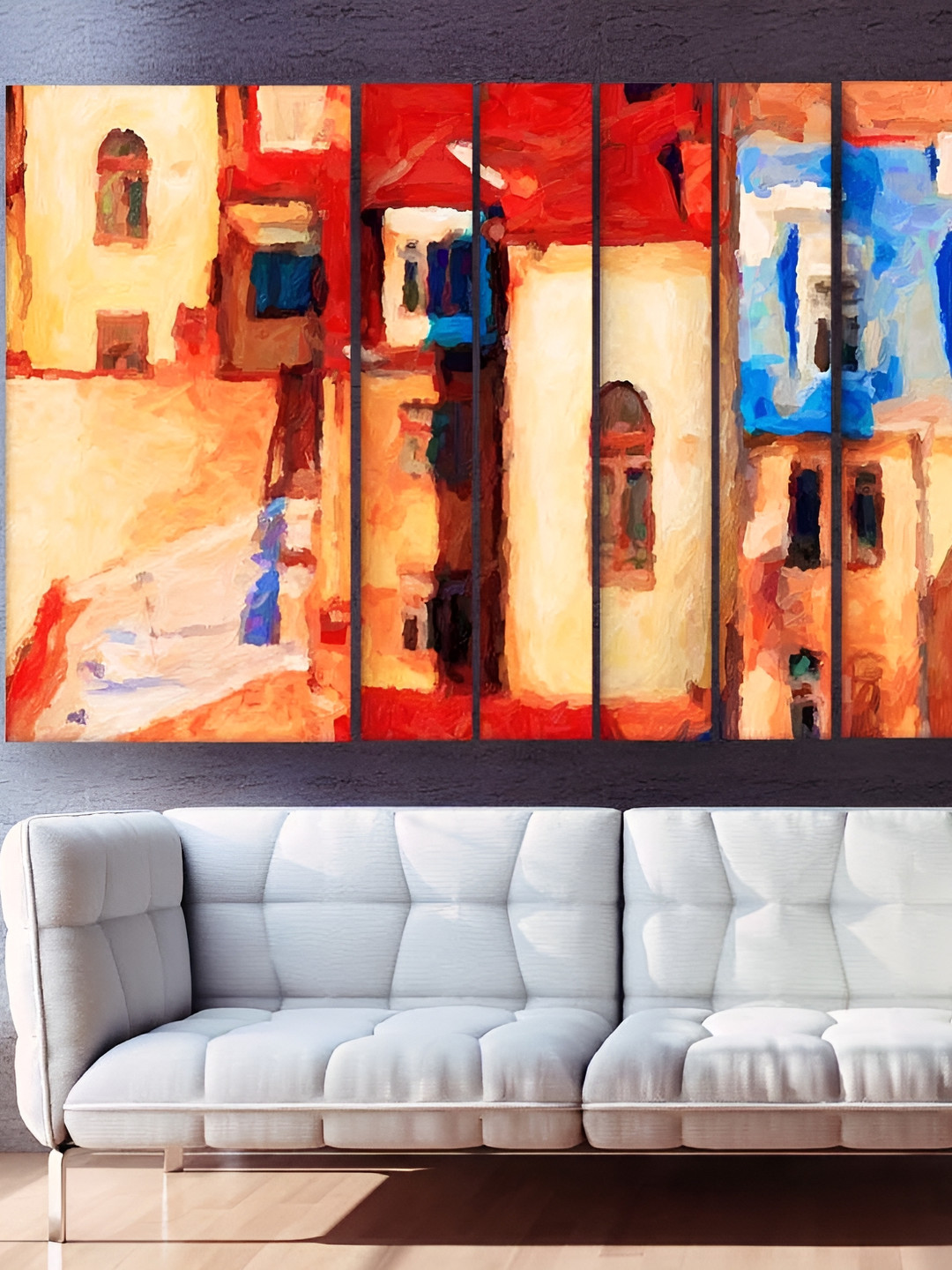 Casperme Orange and Blue 6 Pieces Modern Art Grill Frame Wooden Wall Painting