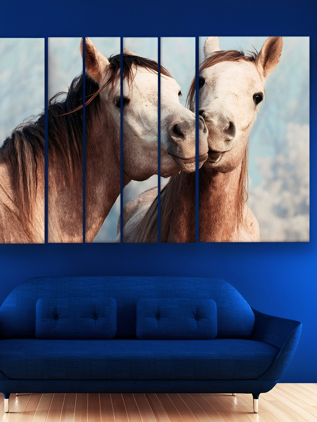 Casperme Horse Blue Wood 6 Pcs Wall Living Room Rectangle Potrait Paintings Wall Art