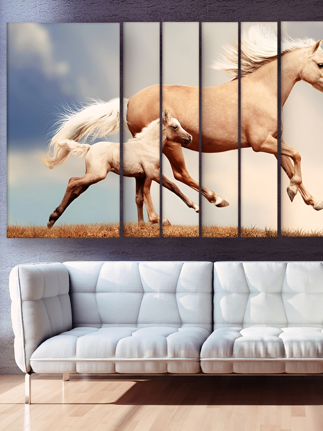 Casperme Beige & Blue 6 Pieces Vastu Horses Grill Frame Wooden Painting Wall Art