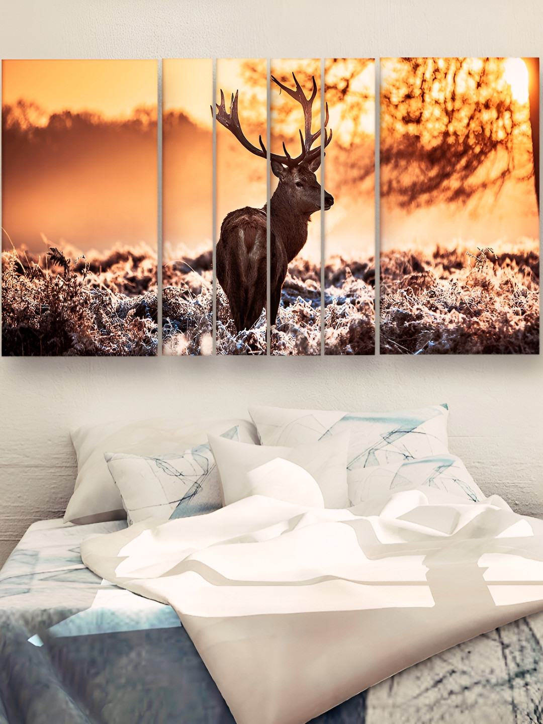Casperme Orange & Brown 6 Pieces Wooden Modern Art Deer Wall Painting