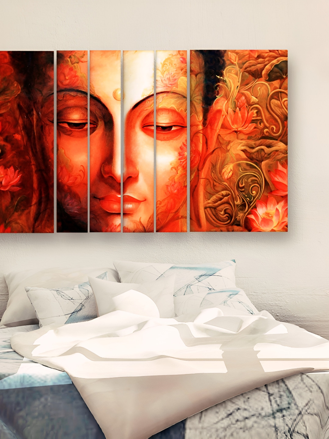 Casperme 6-Pcs Orange Colored Buddha Grill Frame Wooden Wall Painting