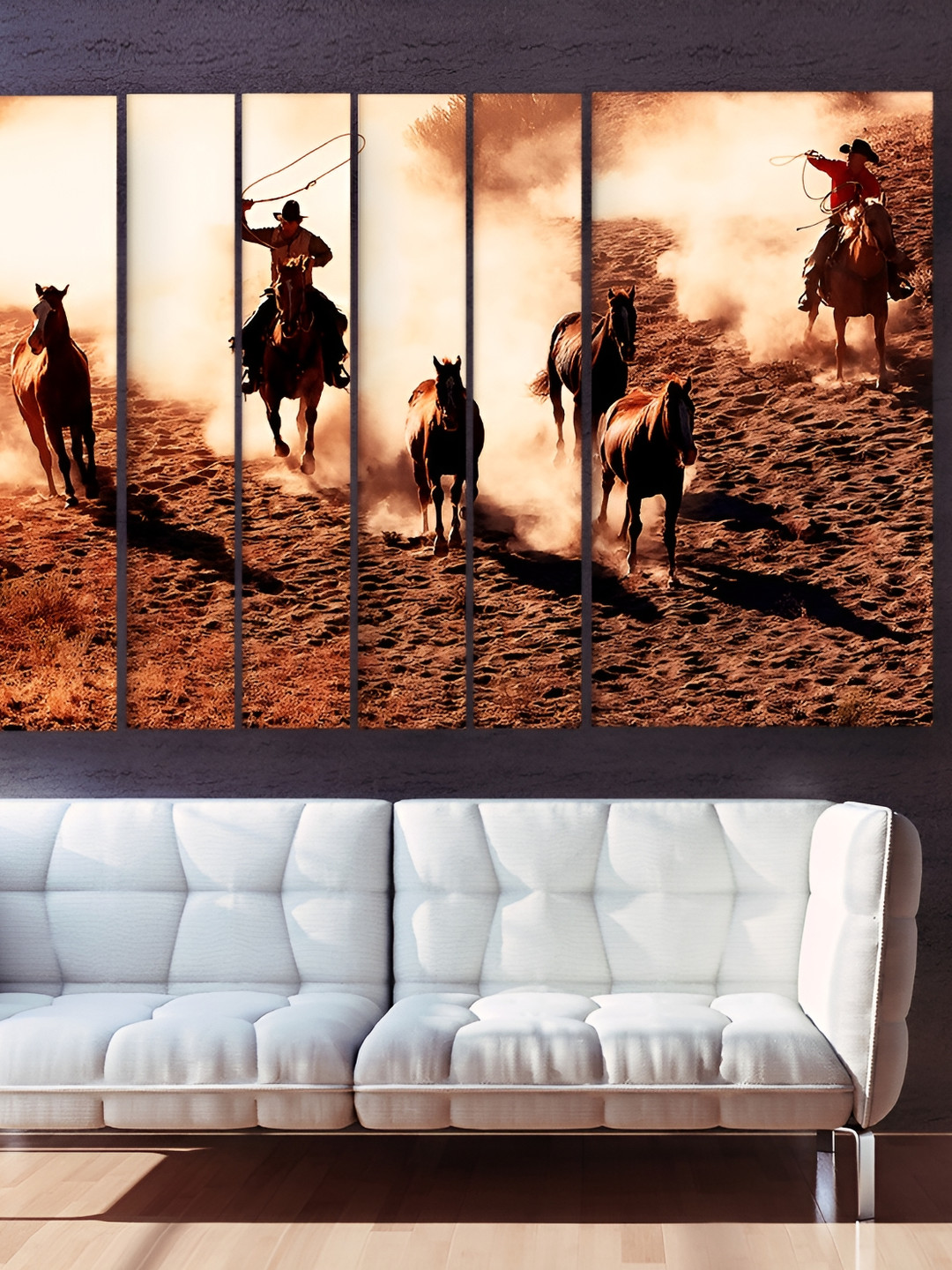 Casperme Beige & Brown 6 Pieces Horses Grill Frame Wooden Wall Art