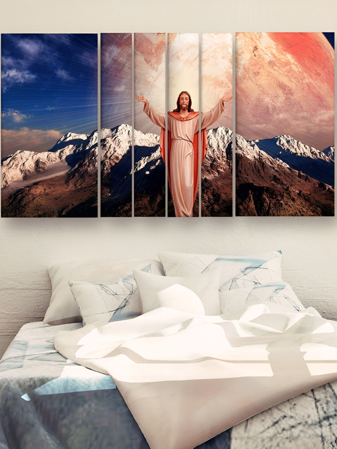 Casperme Blue & Cream-Coloured 6 Pieces Wooden Jesus Painting Wall Arts