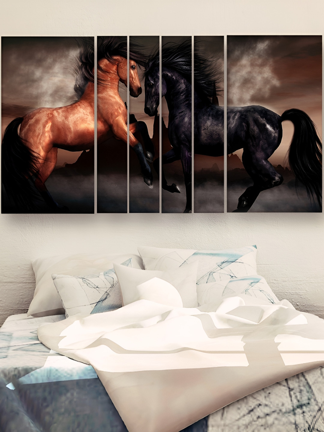 Casperme Brown & Black 6 Pieces Wooden Vastu Horses Painting Wall Arts