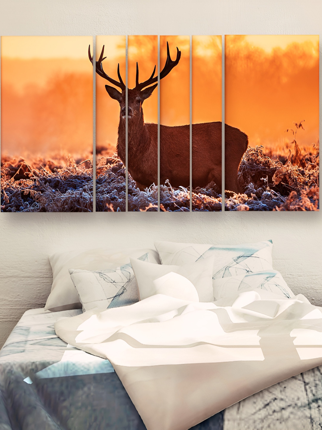Casperme Orange & Brown 6 Pieces Wooden Deer Art Wall Paintings