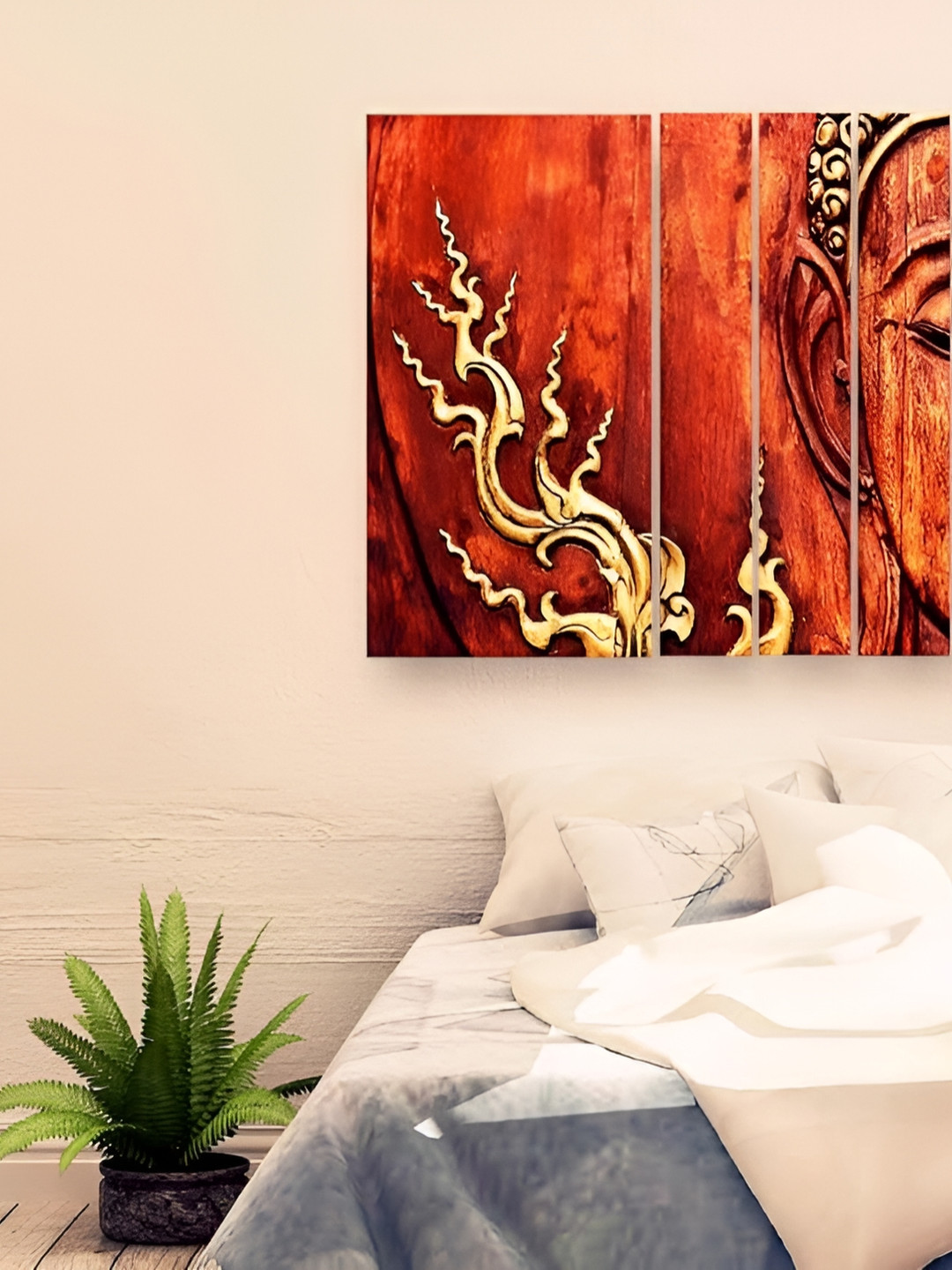Casperme  Orange 5-Pcs Wooden Buddha Big Wall Painting Wall Art