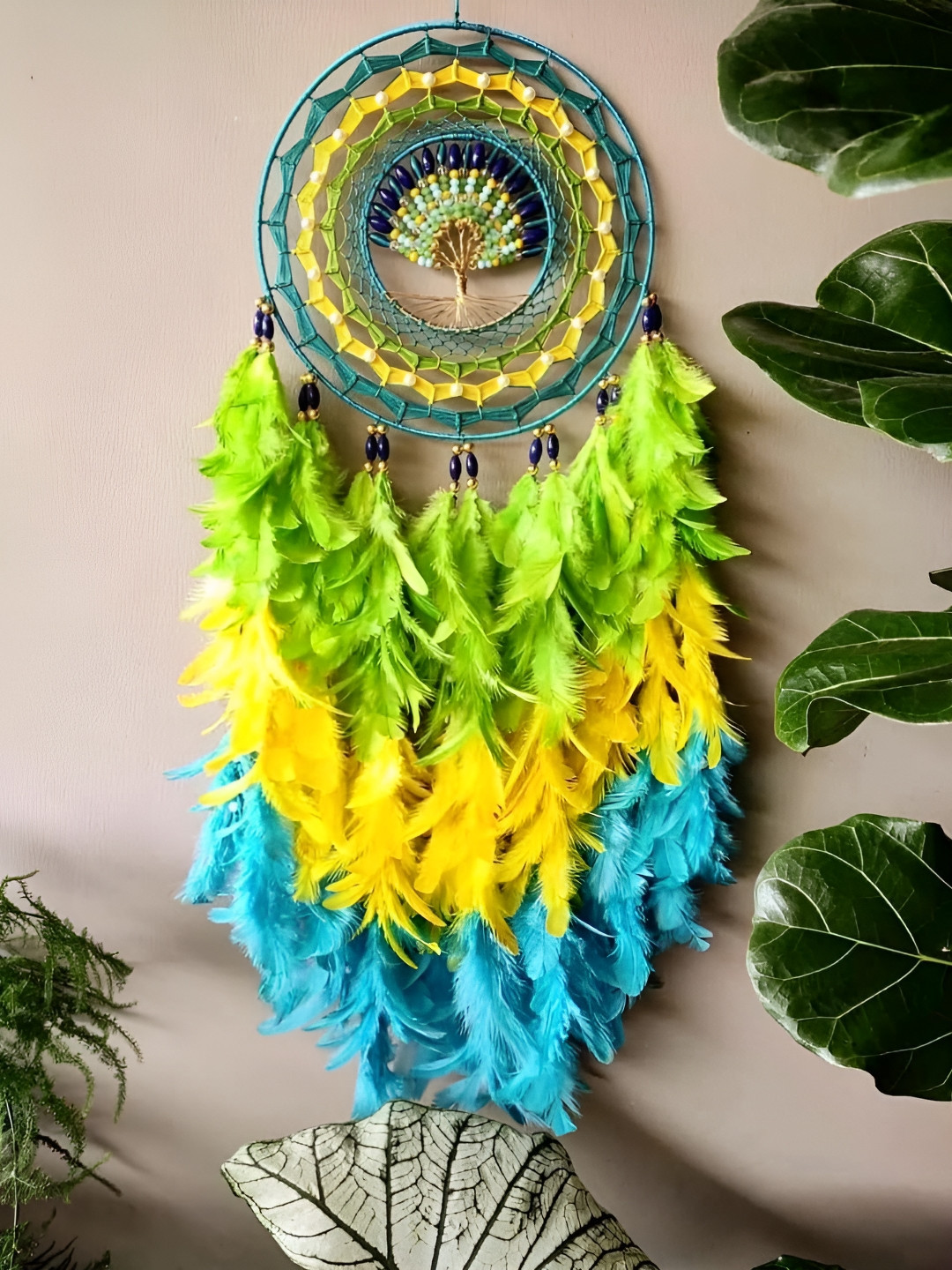 UVID ART AND CRAFT SUPPLIES Green & Yellow Textured Feather Dream Catcher