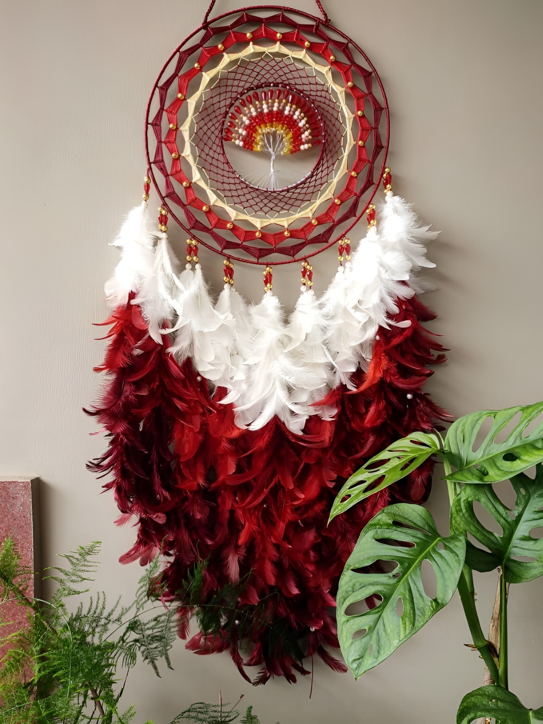 UVID ART AND CRAFT SUPPLIES Red & White Feathers Hanging Dream Catcher