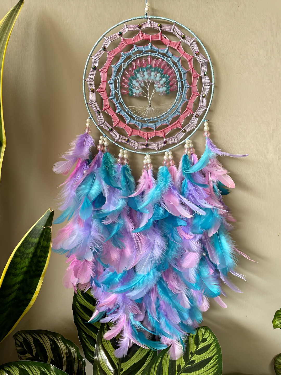 UVID ART AND CRAFT SUPPLIES Blue & Pink Feathers Hanging Dream Catcher