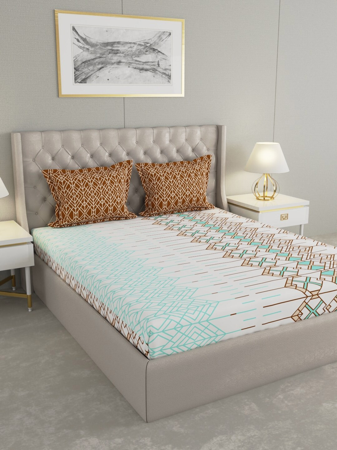 Raymond Home Brown Geometric Cotton 144 TC Queen Bedsheet with 2 Pillow Covers-100 x 90 inches