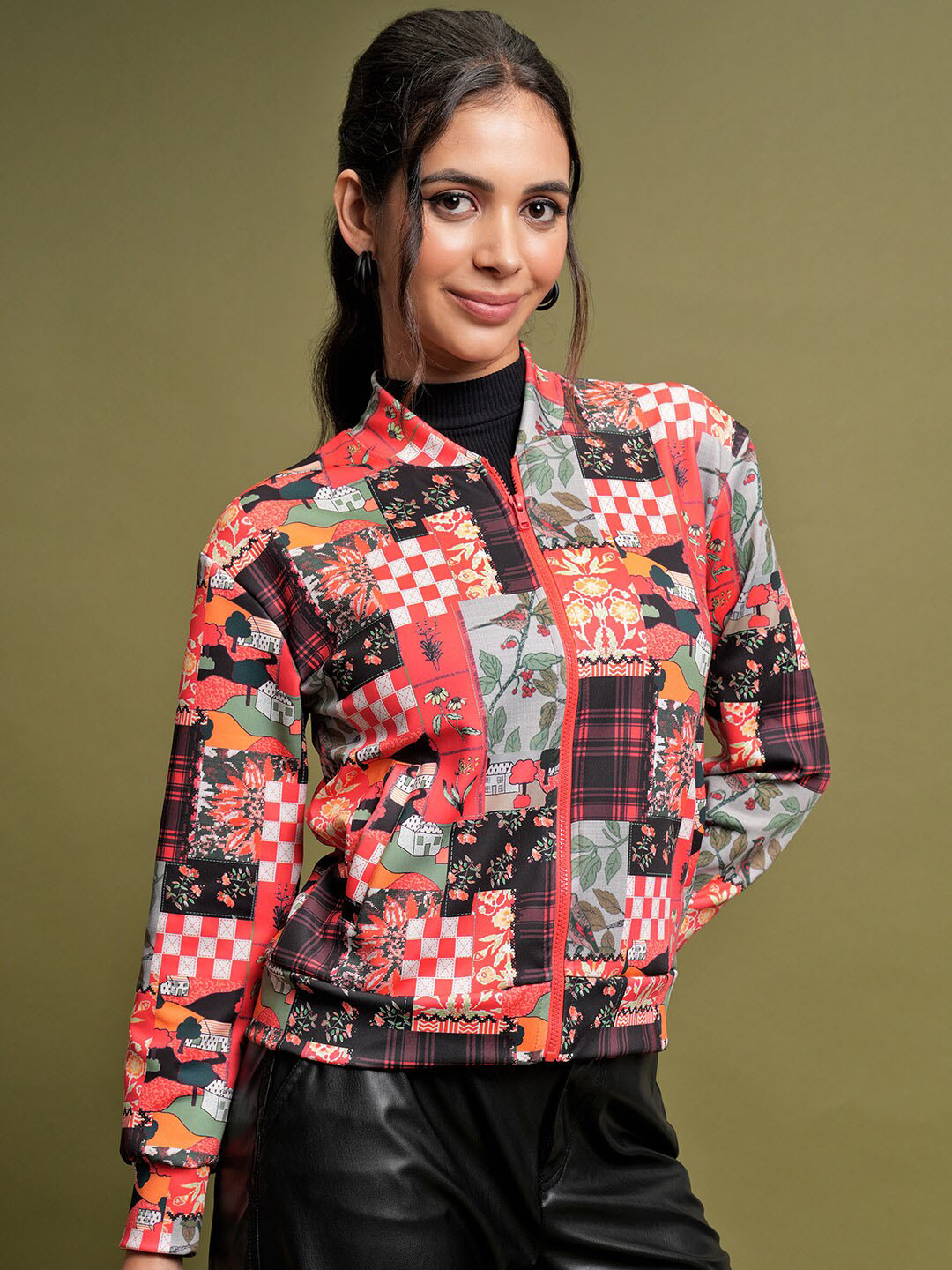 Tokyo Talkies Red Floral Printed Stand Collar Bomber Jacket With Zip Detail