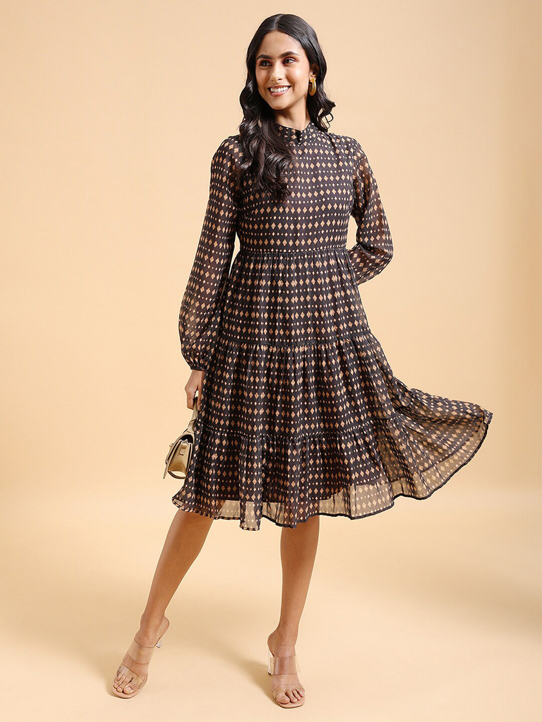 Tokyo Talkies Brown Geometric Printed Mandarin Collar Tiered Fit & Flare Midi Dress