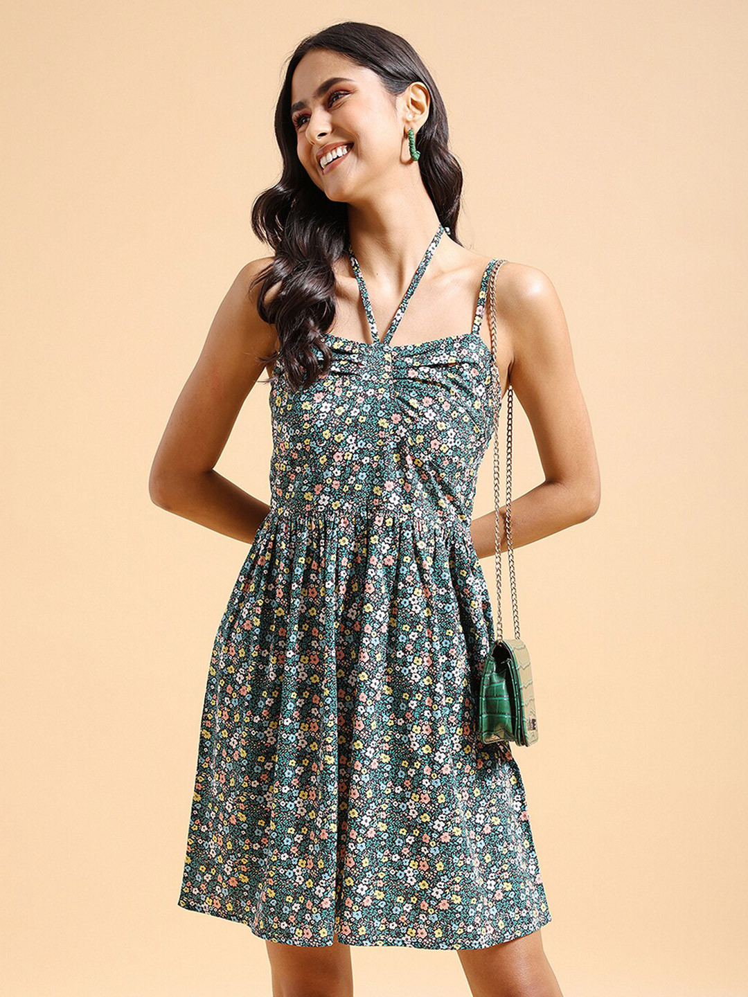 Tokyo Talkies Navy Blue Floral Printed Halter Neck A-Line Mini Dress