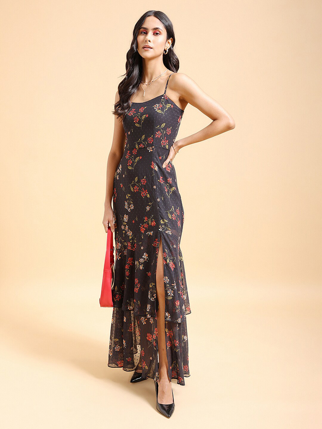 Tokyo Talkies Black & Red Floral Printed Shoulder Straps Layered Maxi Dress