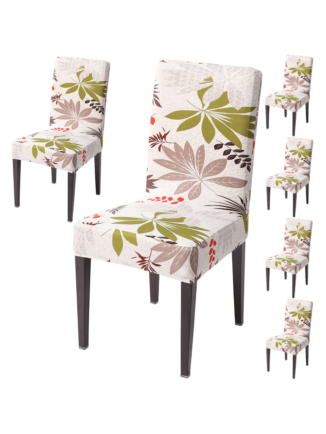 HOKIPO Off White & Green 6 Pieces Printed Stretchable Chair Covers