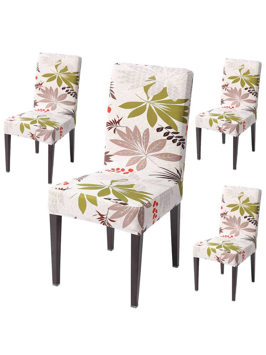 HOKIPO Off White & Green 4 Piece Printed Stretchable Chair Covers