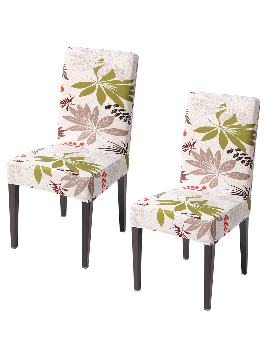 HOKIPO Off White & Green 2 Pieces Printed Stretchable Chair Covers