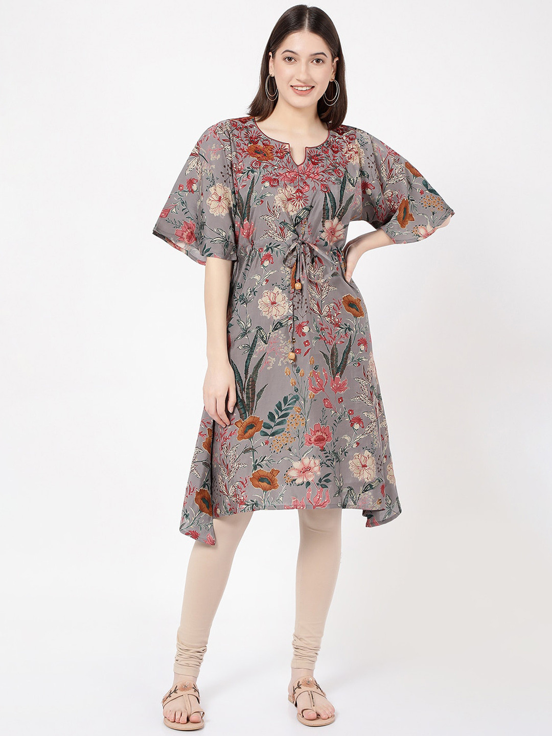 R&B Floral Printed Flared Sleeves Thread Work A-Line Kurta
