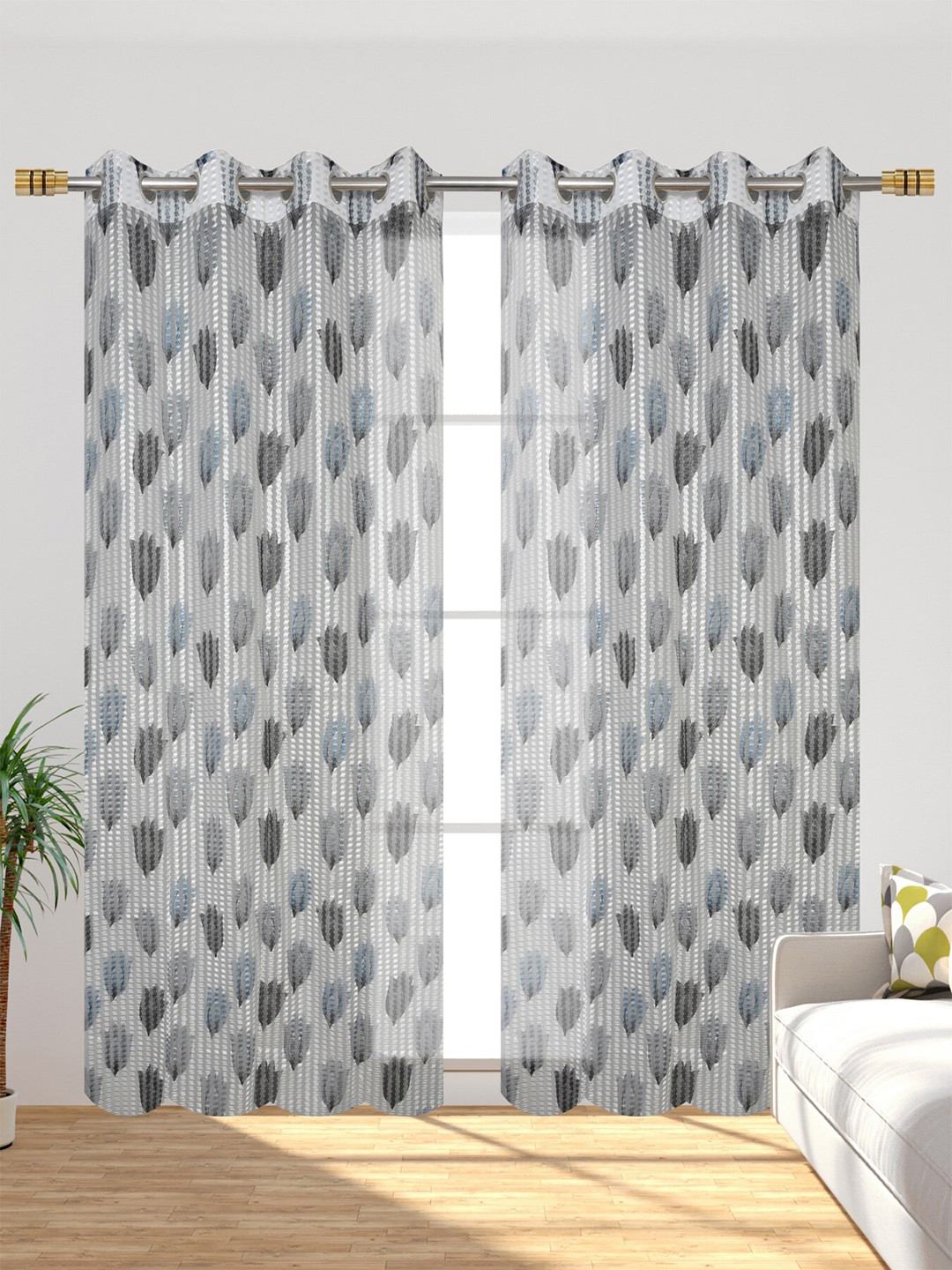 Aura Grey & Black 2 Pieces Textured Sheer Window Curtains