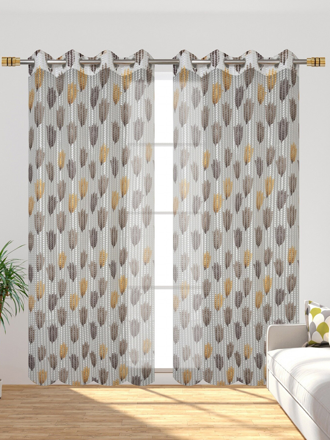 Aura Brown & White 2 Pieces Floral Eyelet Long Door Sheer Curtains