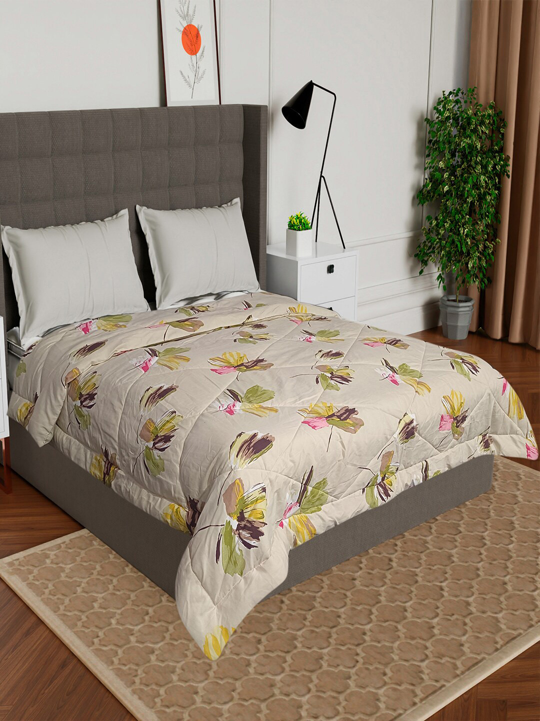 AVI Beige & Green Floral Mild Winter 210 GSM Double Bed Comforter