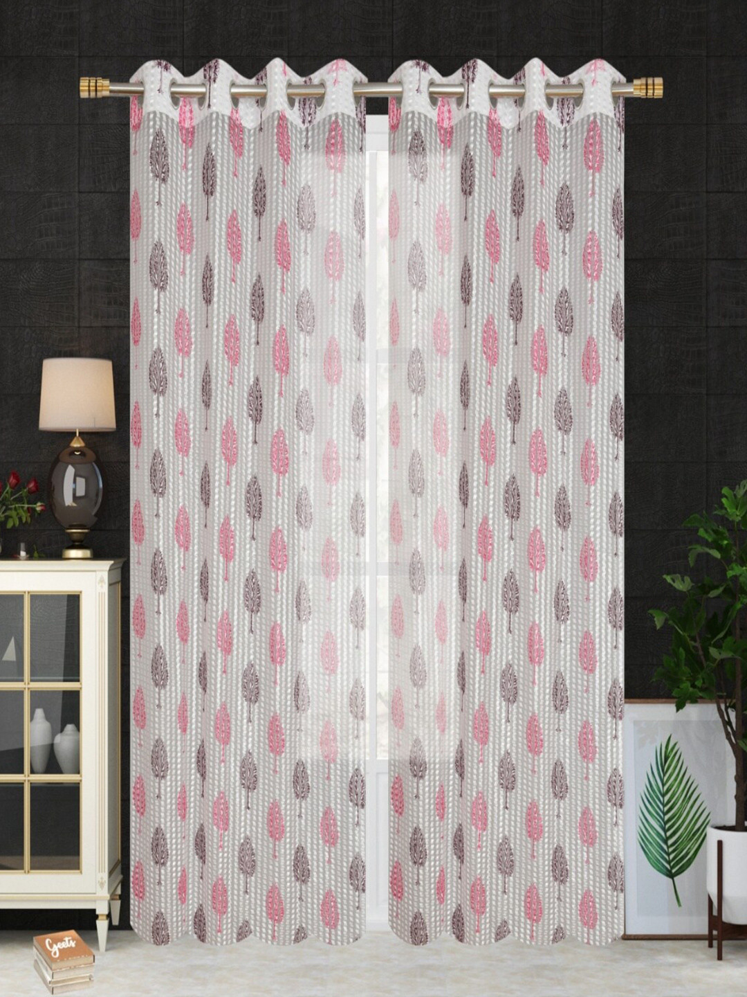 Aura Pink & White 2 Pieces Ethnic Motifs Sheer Door Curtains