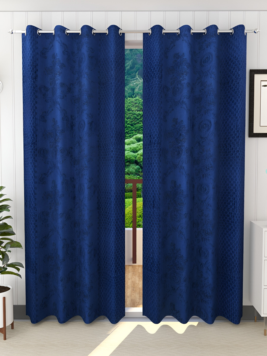 Ville Style Navy Blue 2 Pcs Abstract Room Darkening Door Curtains