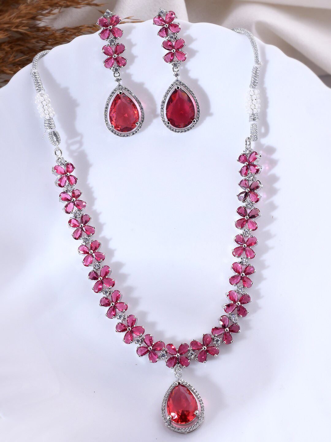 Silvermerc Designs Silver-Plated American Diamond Studded Necklace With Earrings