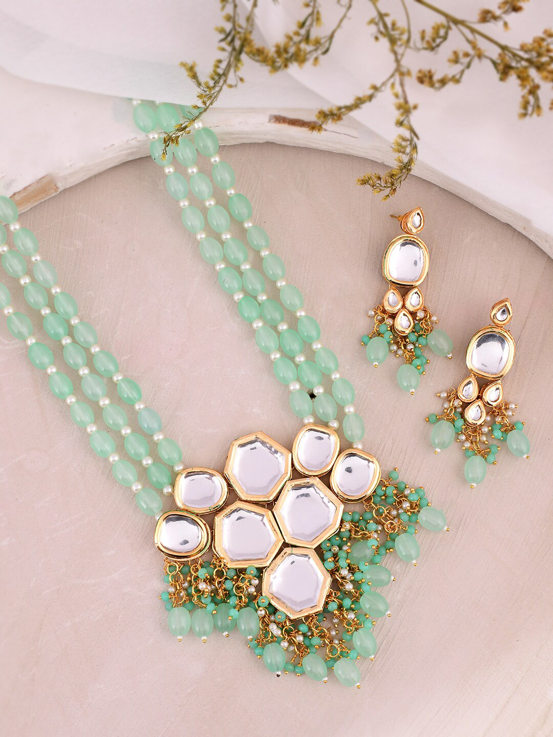Silvermerc Designs Gold-Plated Kundan Studded & Beaded Necklace With Earrings