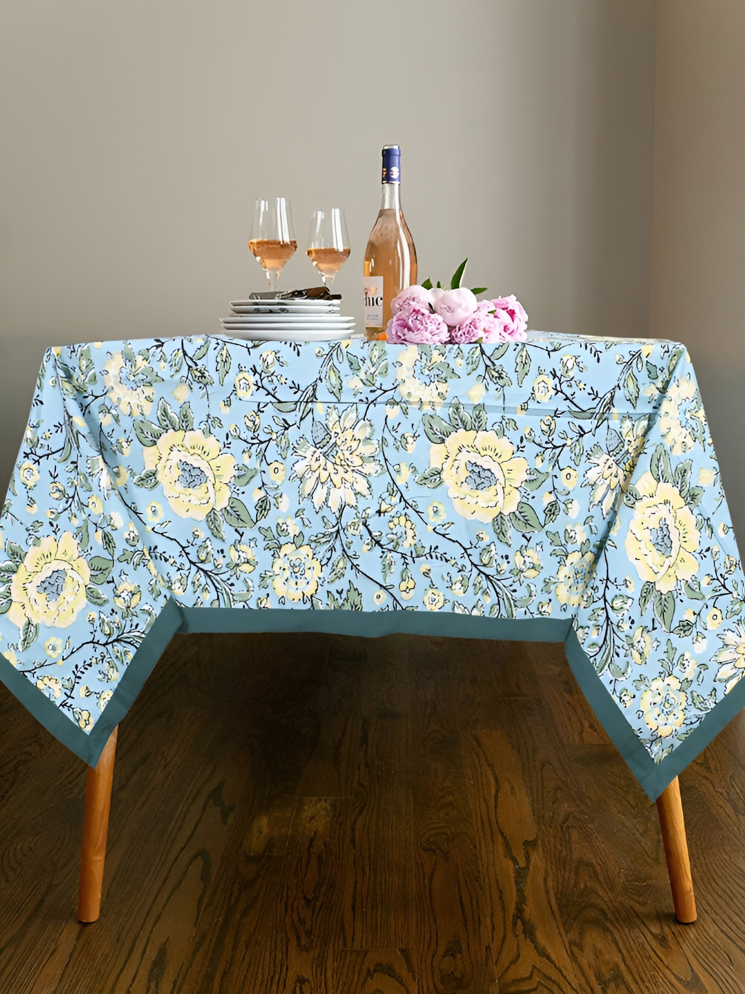 Texstylers Yellow Floral Cotton Square Dining Table Cover