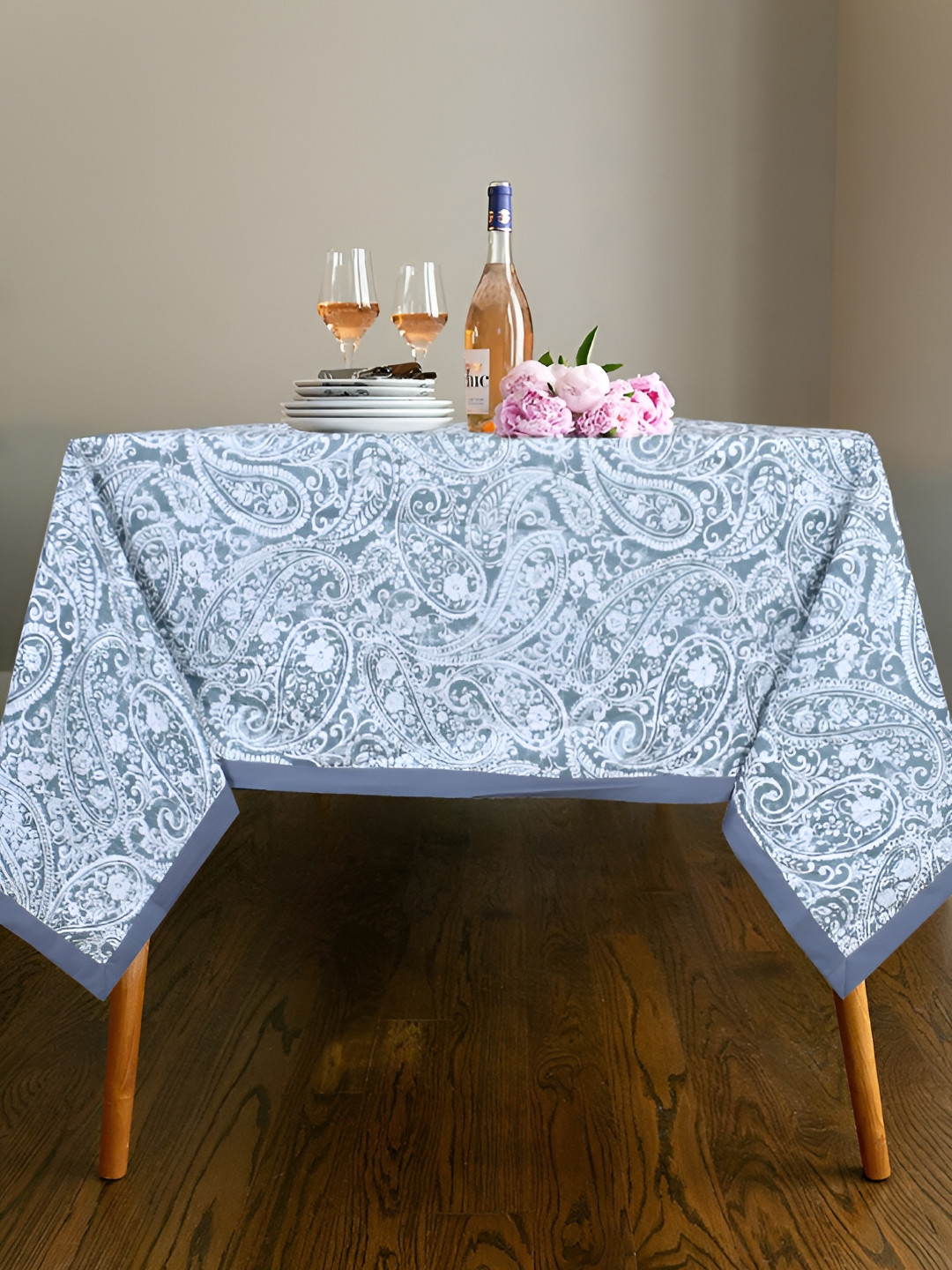Texstylers Grey Melange Floral Cotton Square Dining Table Cover