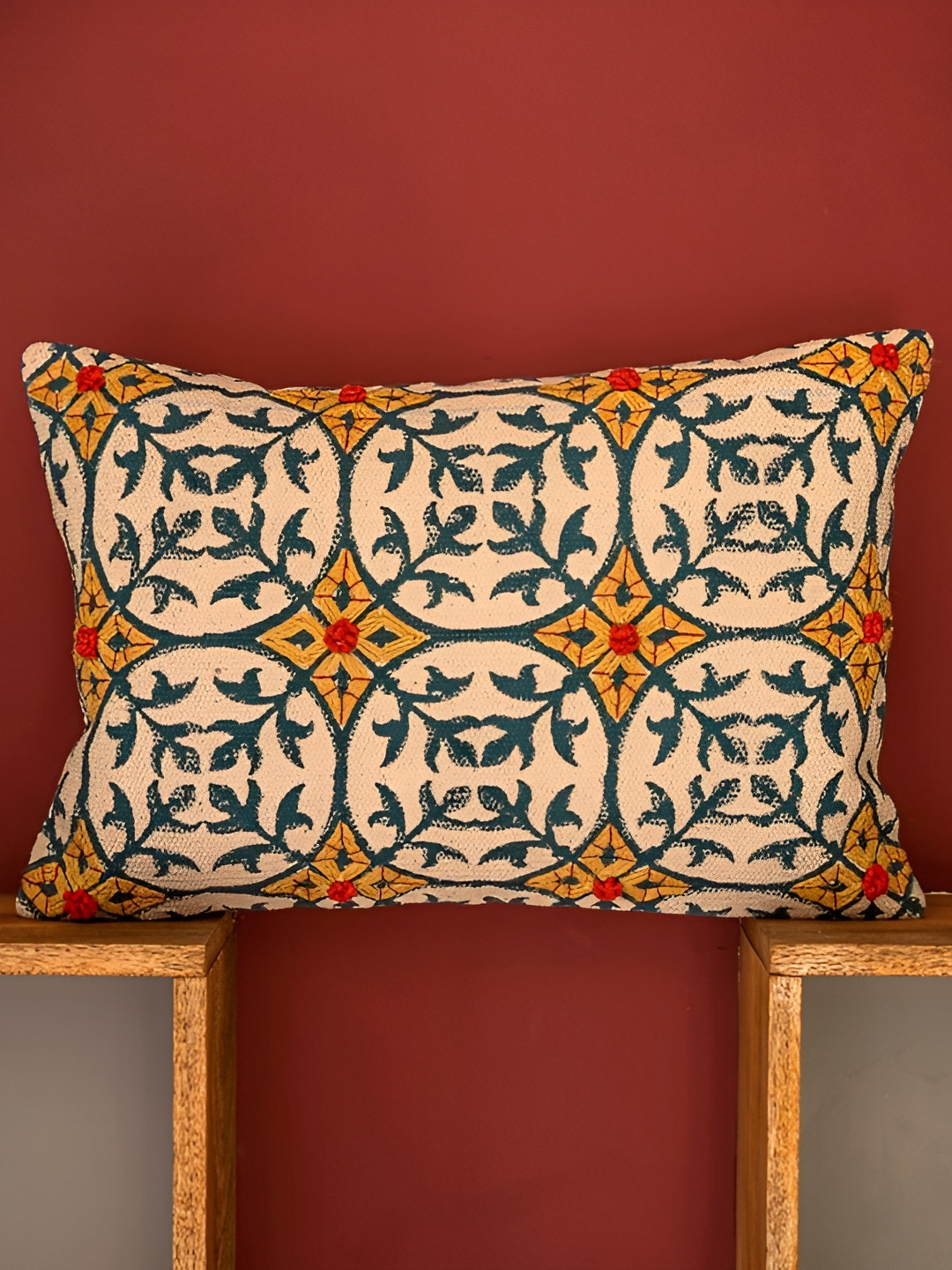 ABSTRACT INDIA Block Printed Ethnic Motifs Cotton Embroidered Cushion Cover -16x24In