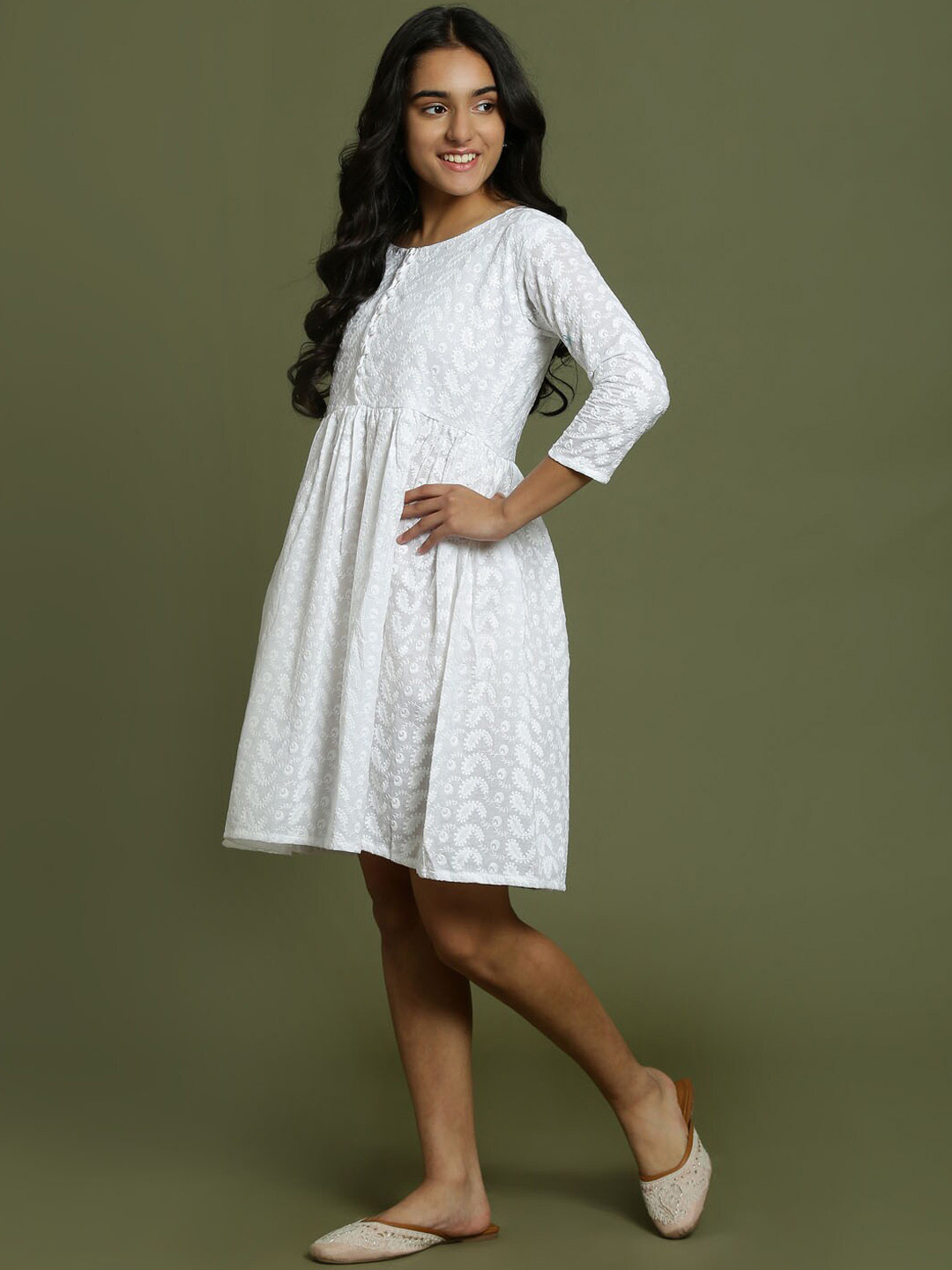 VASTRAMAY Teen Girls Floral Embroidered Chikankari Cotton Fit & Flared Ethnic Dress