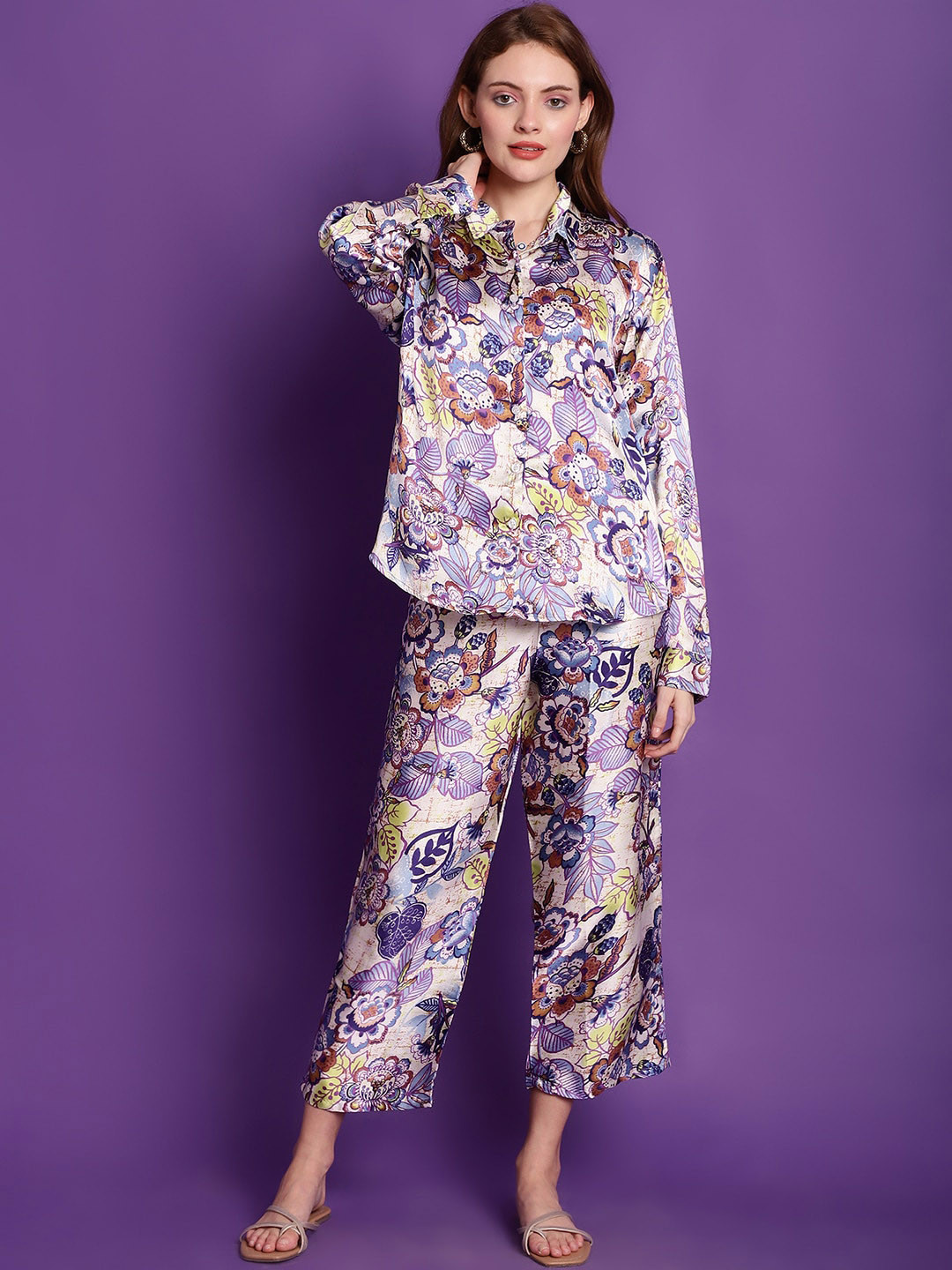 TAG 7 Floral Printed Spread Collar Satin Shirt & Trousers Co-Ords