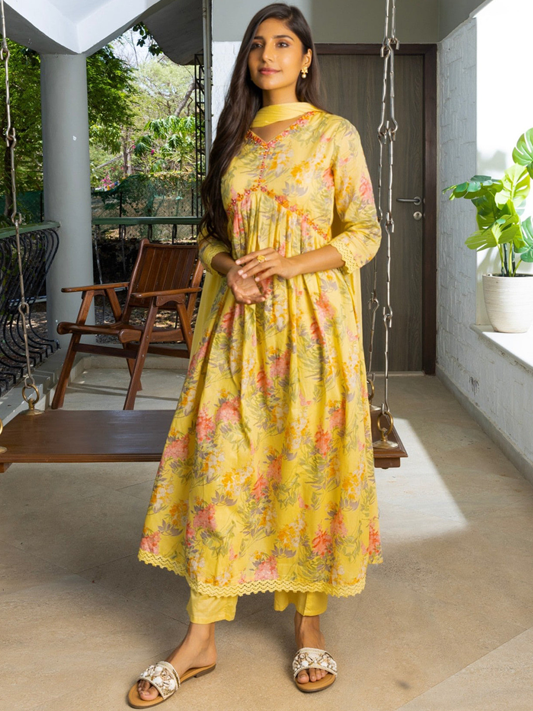 Sangria Pink Floral Printed V-Neck Mirror Work Pure Cotton Kurta with Trousers & Dupatta